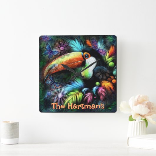 Whimsical Abstract Toucan Bird Personalized Vierkante Klok (Huis)
