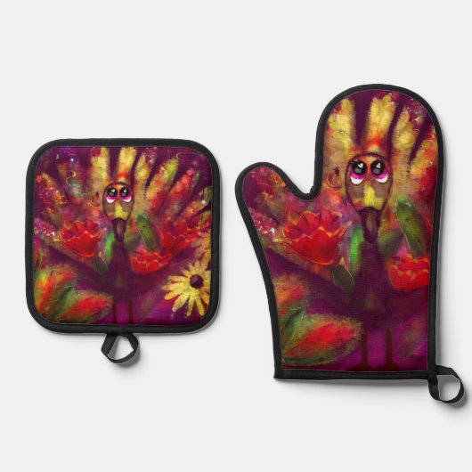 Whimsical Abstract Turkije Bloemen Rood Geel Ovenwant & Pannenlap Set (Voorkant)