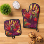 Whimsical Abstract Turkije Bloemen Rood Geel Ovenwant & Pannenlap Set (Top down)