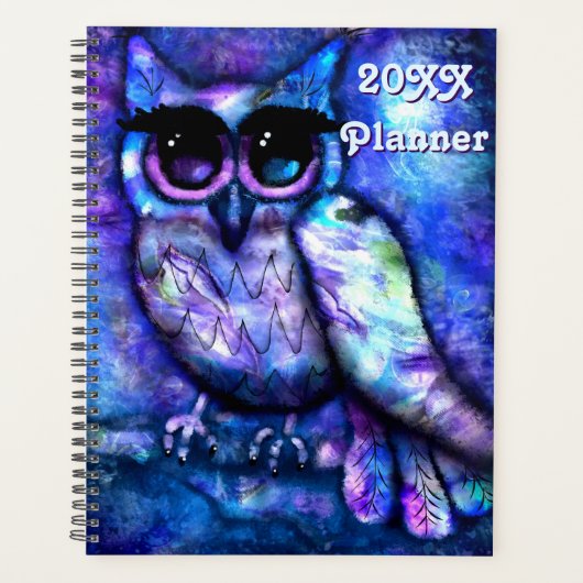 Whimsical Abstract Uil Big-Eyed Blue Paarse Planner (Voorkant)