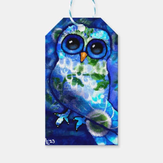 Whimsical Abstract Uil Blauw Groen Bloemen Cadeaulabel (Voorkant)