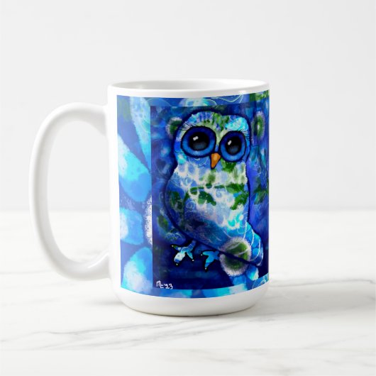 Whimsical Abstract Uil Blauw Groen Bloemen Koffiemok (Links)