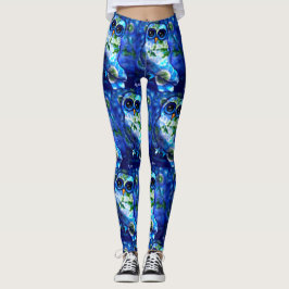 Whimsical Abstract Uil Blauw Groen Bloemen Leggings