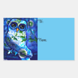 Whimsical Abstract Uil Blauw Groen Bloemen Rechthoekige Sticker