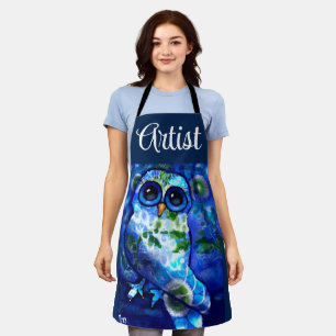 Whimsical Abstract Uil Blauw Groen Bloemen Schort