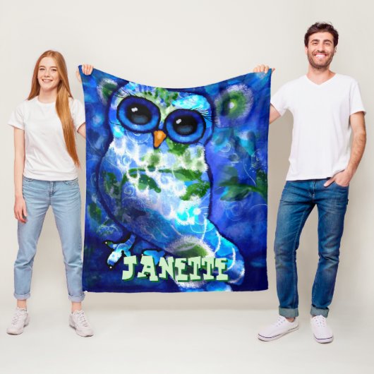 Whimsical Abstract Uil Blauw Groen Gepersonaliseer Fleece Deken (In situ)