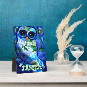 Whimsical Abstract Uil Blauw Groen Gepersonaliseer Fotoplaat