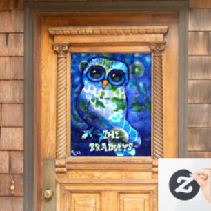 Whimsical Abstract Uil Blauw Groen Gepersonaliseer Raamsticker