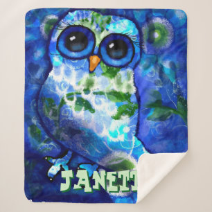 Whimsical Abstract Uil Blauw Groen Gepersonaliseer Sherpa Deken