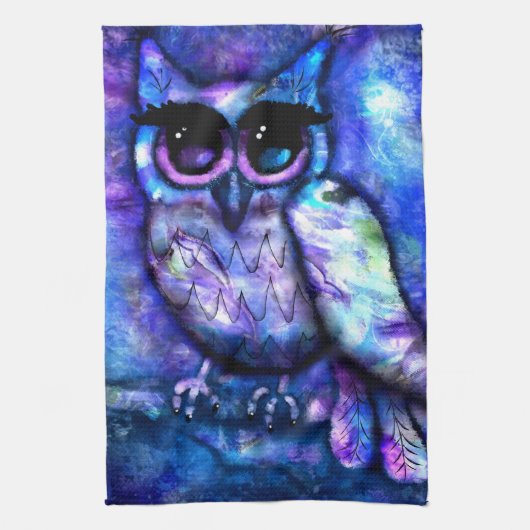 Whimsical Abstract Uil Grote Ogen Blauw Paars Theedoek (Verticaal)