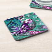 Whimsical Abstract Vogel Bloemen Blauwgroen Paarse Bier Onderzetter (Linkerzijde)