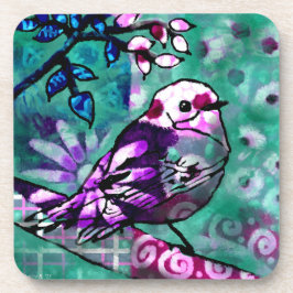 Whimsical Abstract Vogel Bloemen Blauwgroen Paarse Bier Onderzetter