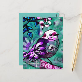 Whimsical Abstract Vogel Bloemen Blauwgroen Paarse Briefkaart