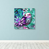 Whimsical Abstract Vogel Bloemen Blauwgroen Paarse Canvas Afdruk (Insitu (Houten vloer))