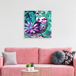 Whimsical Abstract Vogel Bloemen Blauwgroen Paarse Canvas Afdruk
