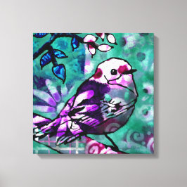 Whimsical Abstract Vogel Bloemen Blauwgroen Paarse Canvas Afdruk