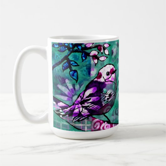 Whimsical Abstract Vogel Bloemen Blauwgroen Paarse Koffiemok (Links)
