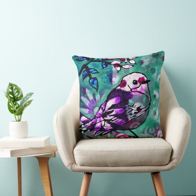 Whimsical Abstract Vogel Bloemen Blauwgroen Paarse Kussen (Stoel)