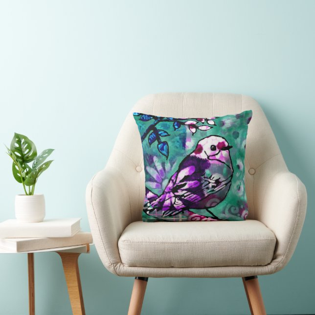 Whimsical Abstract Vogel Bloemen Blauwgroen Paarse Kussen (Stoel)