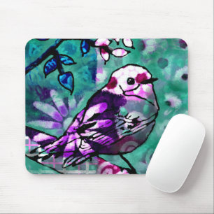 Whimsical Abstract Vogel Bloemen Blauwgroen Paarse Muismat