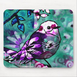 Whimsical Abstract Vogel Bloemen Blauwgroen Paarse Muismat