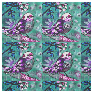 Whimsical Abstract Vogel Bloemen Blauwgroen Paarse Stof