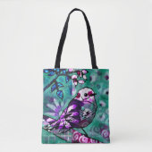 Whimsical Abstract Vogel Bloemen Blauwgroen Paarse Tote Bag (Voorkant)