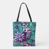Whimsical Abstract Vogel Bloemen Blauwgroen Paarse Tote Bag (Achterkant)