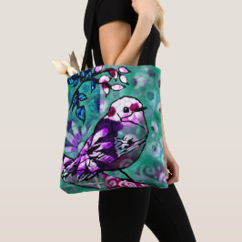 Whimsical Abstract Vogel Bloemen Blauwgroen Paarse Tote Bag