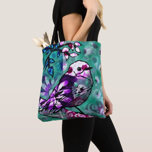 Whimsical Abstract Vogel Bloemen Blauwgroen Paarse Tote Bag (Dichtbij)