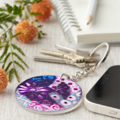 Whimsical Abstract Vredesteken Bloemen Paarse Roze Sleutelhanger (Voorkant Rechts)