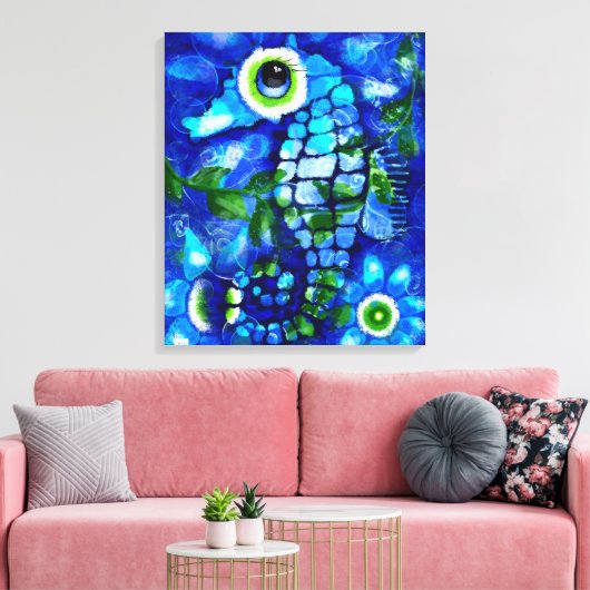 Whimsical Abstract Zeepaardje Blauw Blauwgroen Gro Canvas Afdruk (Insitu (Woonkamer))