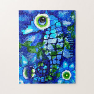 Whimsical Abstract Zeepaardje Blauw Blauwgroen Gro Legpuzzel