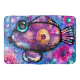 Whimsical Abstracte Big-Eye Fish Paarse Blauwgroen Badmat