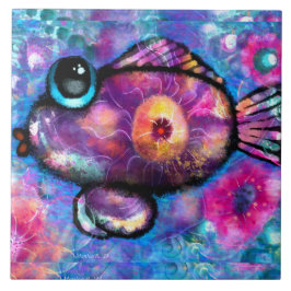 Whimsical Abstracte Big-Eye Fish Paarse Blauwgroen Tegeltje