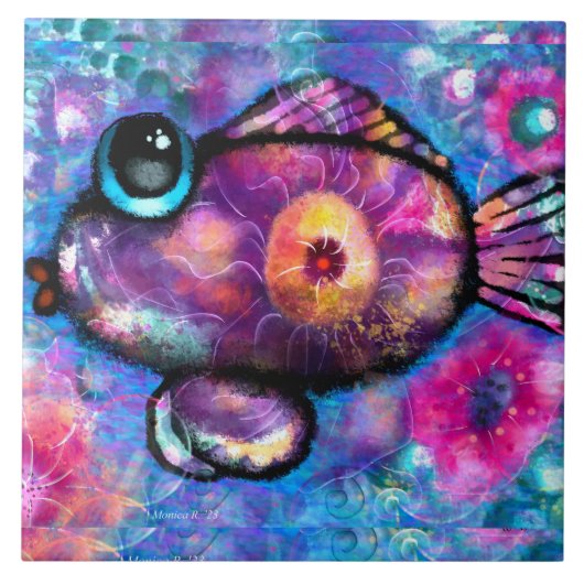 Whimsical Abstracte Big-Eye Fish Paarse Blauwgroen Tegeltje (Voorkant)