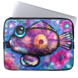 Whimsical Abstracte Big-Eyed Fish Blauwgroen Roze  Laptop Sleeve