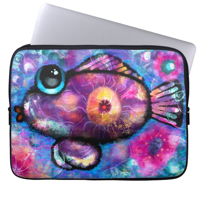 Whimsical Abstracte Big-Eyed Fish Blauwgroen Roze  Laptop Sleeve (Voorkant)