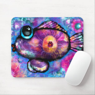 Whimsical Abstracte Big-Eyed Fish Blauwgroen Roze Muismat