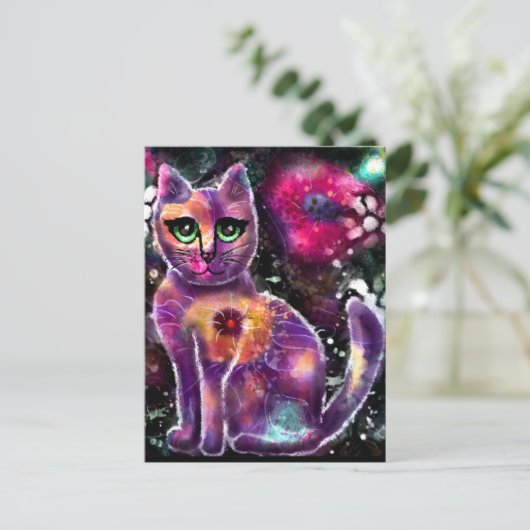 Whimsical Abstracte Bloemen Kitty Cat Zwart Roze Briefkaart (Staand voorkant)