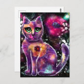 Whimsical Abstracte Bloemen Kitty Cat Zwart Roze Briefkaart (Voorkant / Achterkant)
