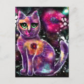 Whimsical Abstracte Bloemen Kitty Cat Zwart Roze Briefkaart (Voorkant)