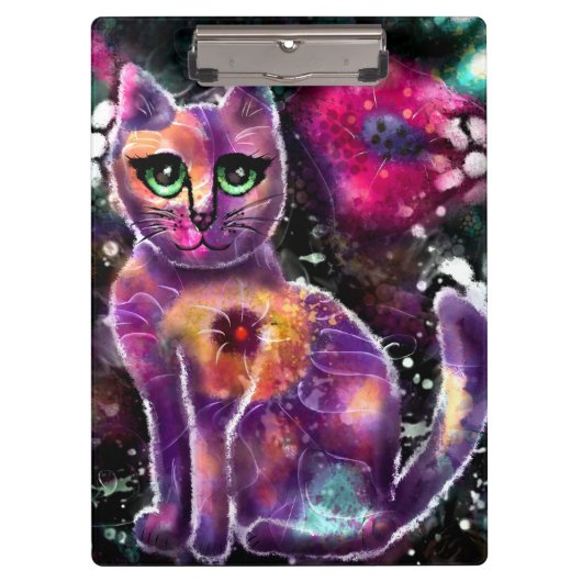 Whimsical Abstracte Bloemen Kitty Cat Zwart Roze Klembord (Voorkant)