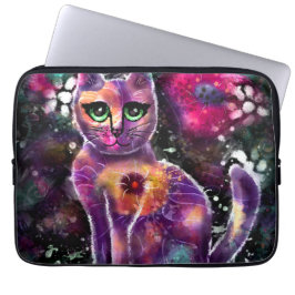 Whimsical Abstracte Bloemen Kitty Cat Zwart Roze Laptop Sleeve