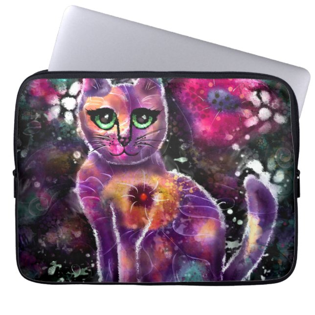 Whimsical Abstracte Bloemen Kitty Cat Zwart Roze Laptop Sleeve (Voorkant)