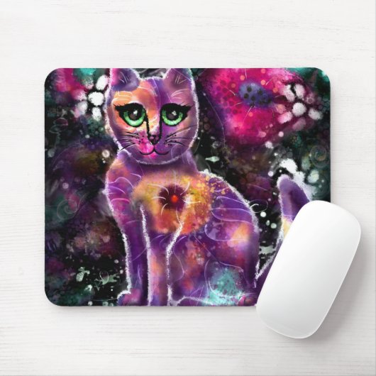 Whimsical Abstracte Bloemen Kitty Cat Zwart Roze Muismat (Met muis)