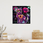 Whimsical Abstracte Bloemen Kitty Cat Zwart Roze Poster (Keuken)