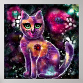 Whimsical Abstracte Bloemen Kitty Cat Zwart Roze Poster (Voorkant)