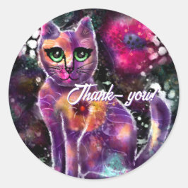Whimsical Abstracte Bloemen Kitty Cat Zwart Roze Ronde Sticker