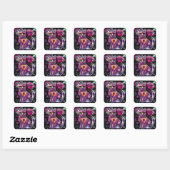 Whimsical Abstracte Bloemen Kitty Cat Zwart Roze Vierkante Sticker (Vel)